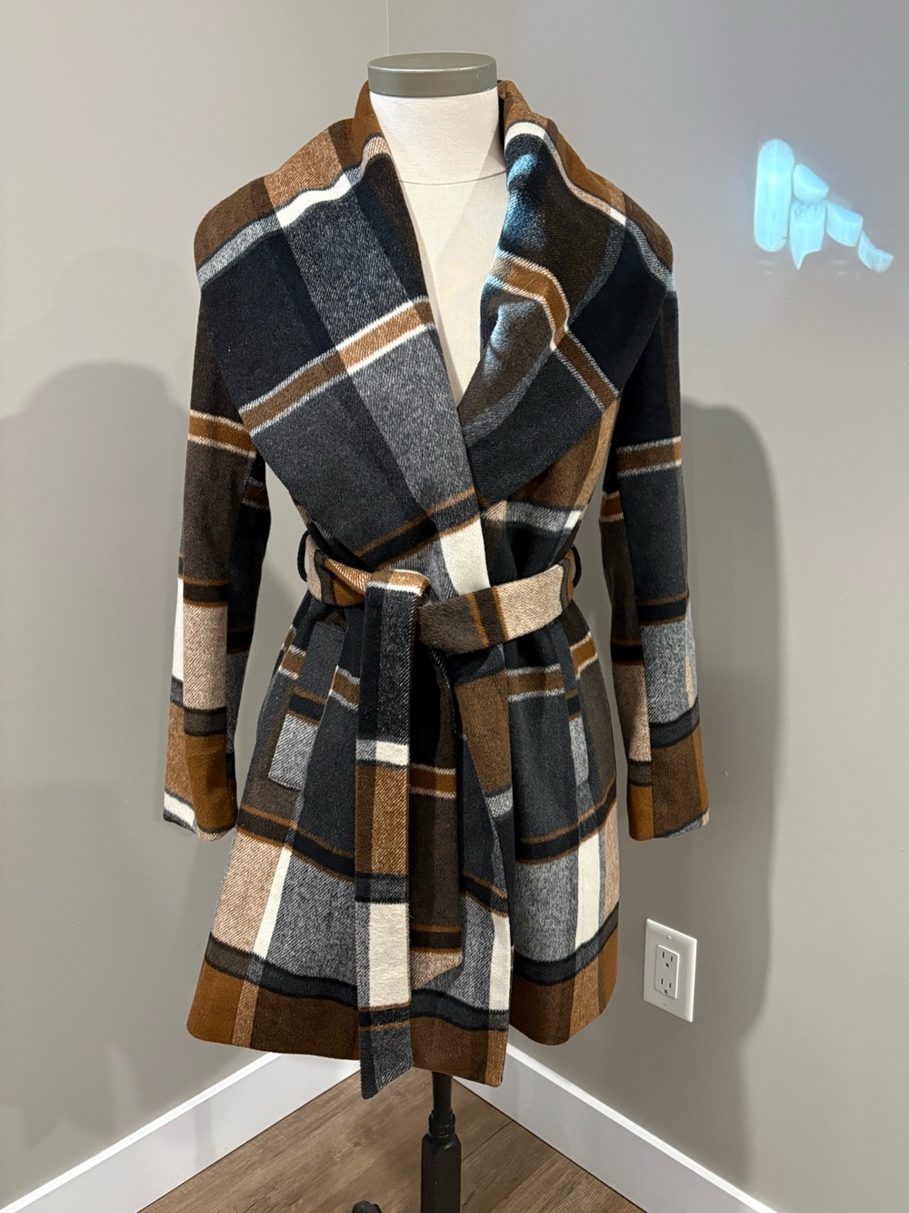 Wool Cotton Plaid Wrap Belted Coat in Brown, Black & Cream